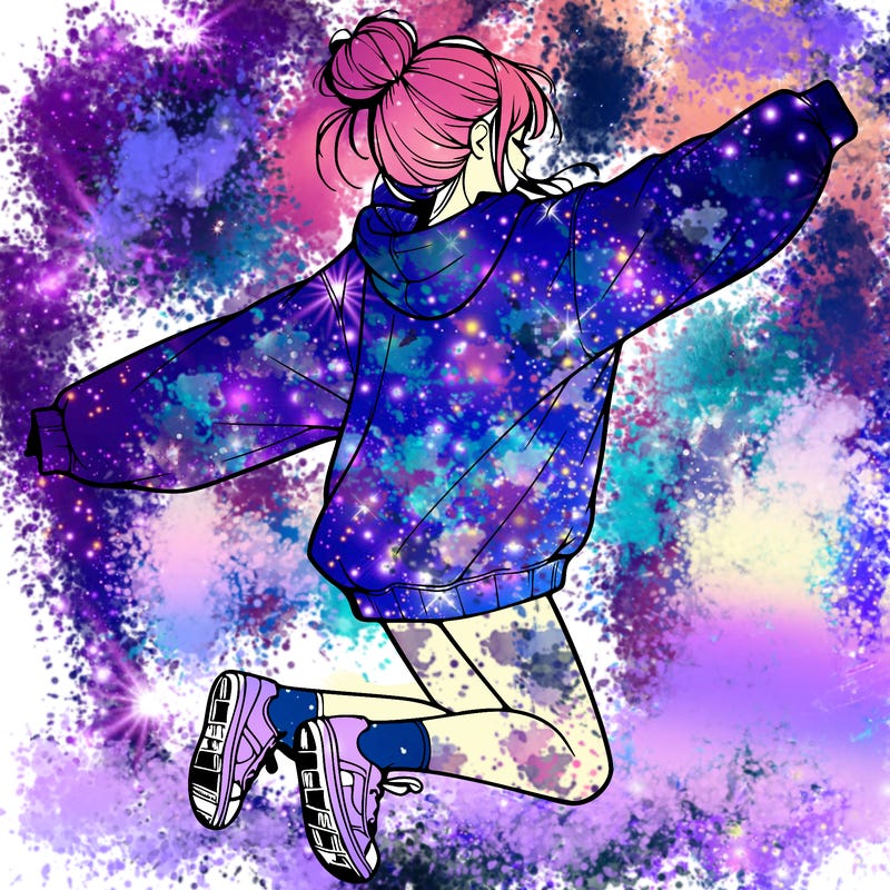 realistic girl jumping with a bun and oversized sweatshirt