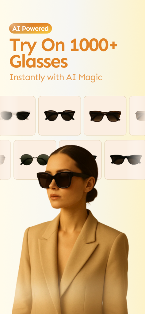 Mujer probándose virtualmente gafas de sol con una aplicación de gafas impulsada por IA