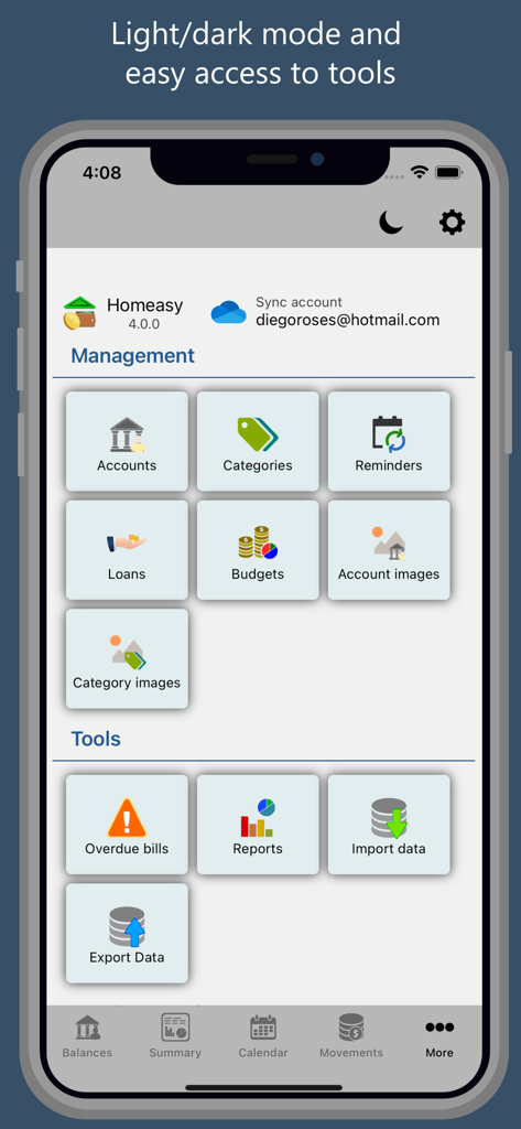 Panel de la aplicación Homeasy que muestra categorías de gestión como cuentas, presupuestos y préstamos, junto con herramientas financieras