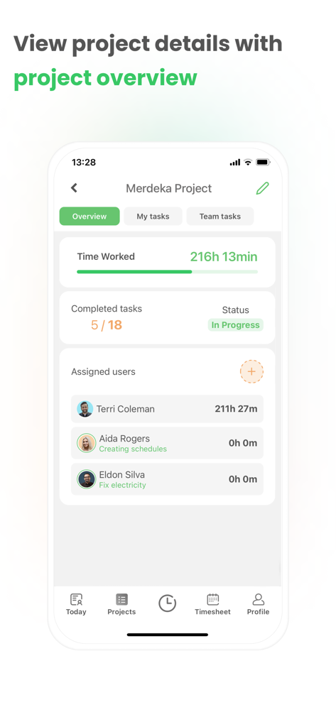 Timey – Work Management - Timey app project overview screen showing total time worked, task completion status, and assigned users with individual time logs