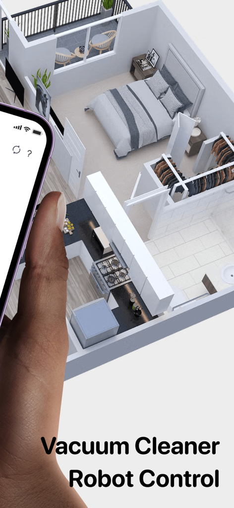 Smartphone mostrando a interface de um aplicativo de controle de aspirador robô sobre um plano de planta 3D de um apartamento