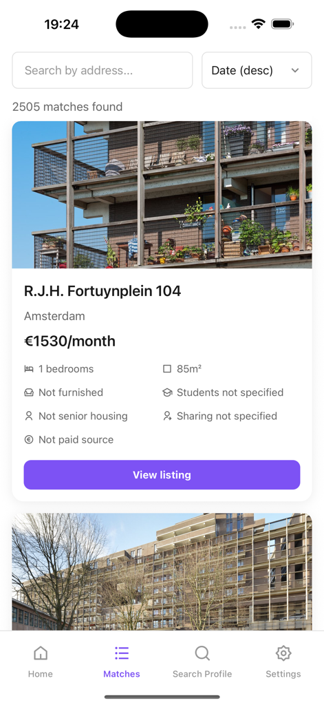 RentSlam - RentSlam mobile app screen showing rental property matches in Amsterdam