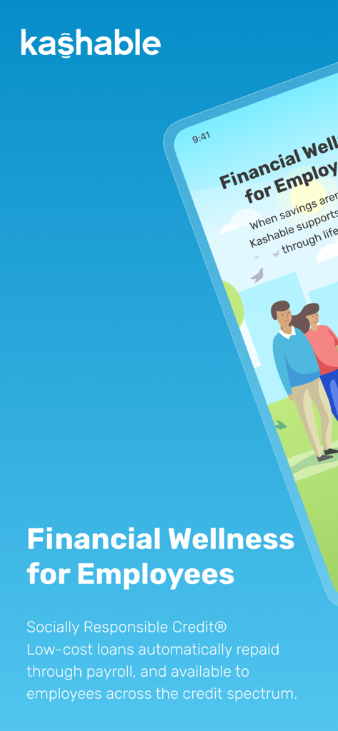 Kashable - Kashable app promotional screen highlighting financial wellness for employees with low cost loans