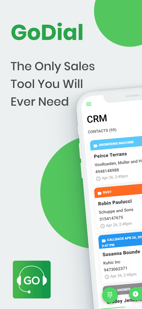 GoDial - Auto Call Dialer CRM - GoDial mobile app interface showing a CRM contact list with call statuses like answering machine and busy