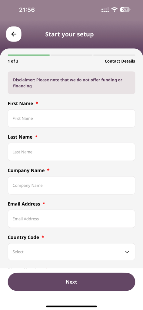 QFC Client - Contact details form for starting the QFC Client app setup process
