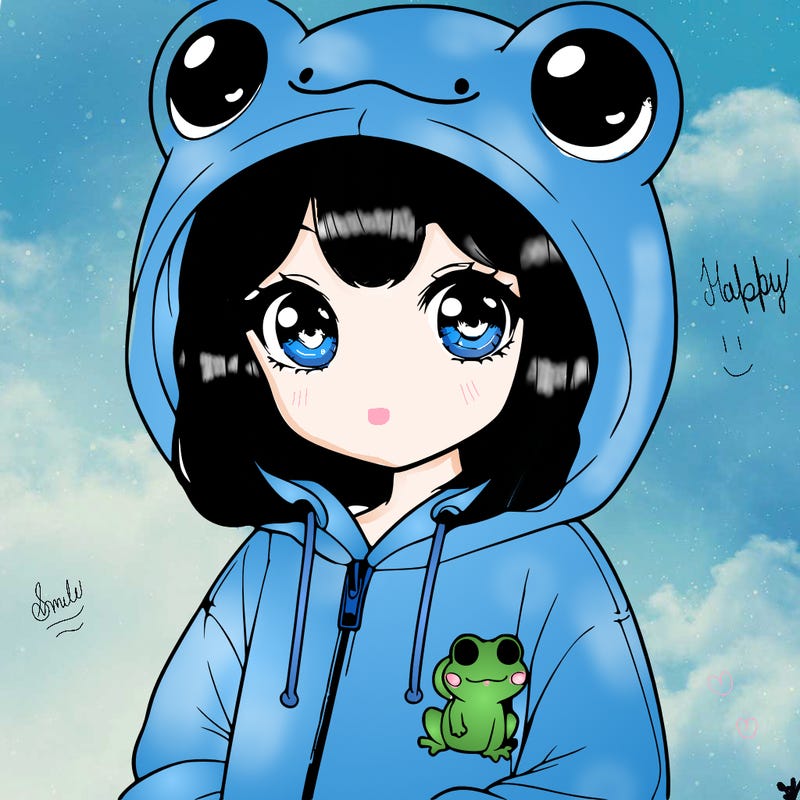 cute realistic girl in a froggy hoodie