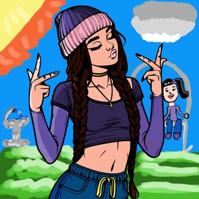 realistic teenage girl with braids and a beanie and crop top doing 🫶🏼