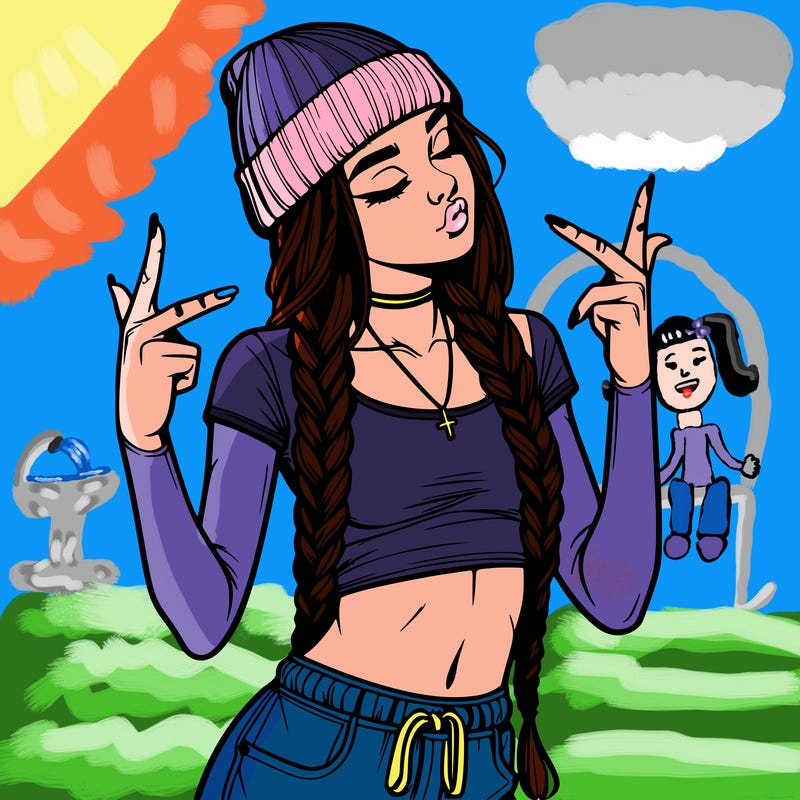 realistic teenage girl with braids and a beanie and crop top doing 🫶🏼