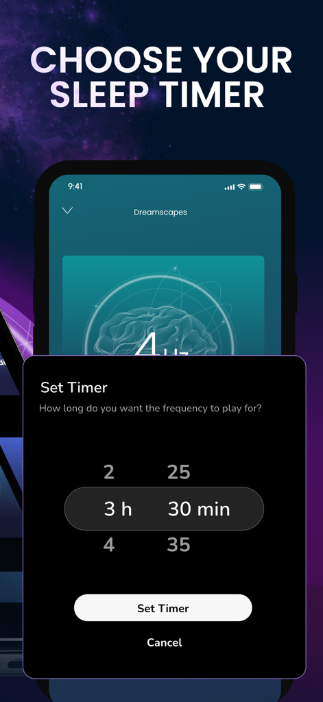 Frequency Generator: HZ - Pantalla de configuración del temporizador de sueño en la aplicación Frequency Generator HZ con un fondo cósmico