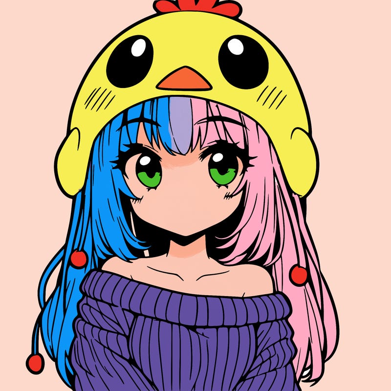 anime girl with chick shaped hat with sweater with bare shoulders with bangs covering them one eye with low tail