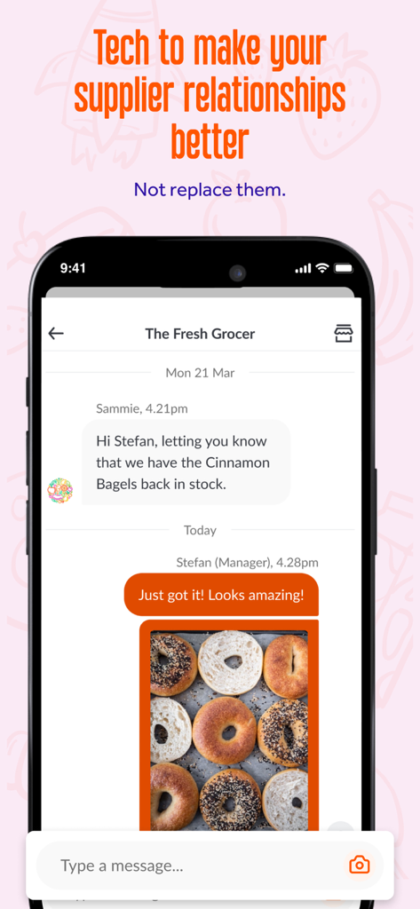 Mobile app chat screen between a restaurant manager and a food supplier