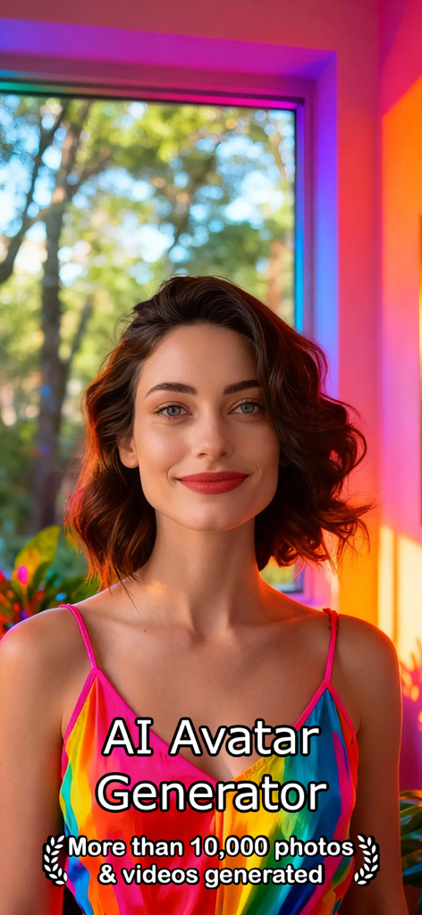 Selfie AI: AI Photo Generator - High quality AI generated portrait of a woman with brown wavy hair and red lipstick on the Selfie AI app interface