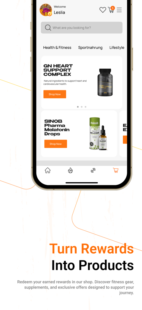 Fitburn - Fitburn mobile app rewards shop showing fitness supplements and products