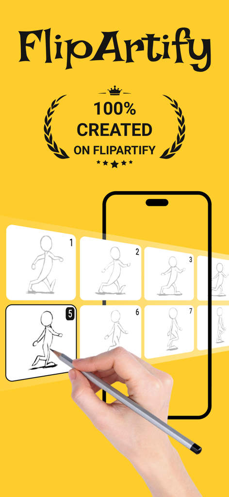 FlipArtify - 2D Draw Animation - Mão desenhando uma sequência de animação de boneco palito andando no aplicativo FlipArtify