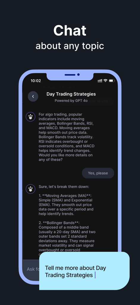 VisualMind: AI MindMap/Chatbot - A mobile app screen of VisualMind showing an AI chatbot discussion about day trading strategies