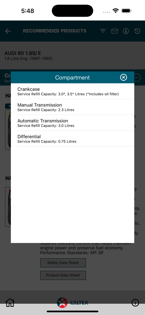 NetLube Caltex New Zealand - NetLube app displaying lubricant refill capacities for an Audi 80