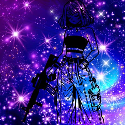 a dangerous girlcrop top and baggy jeans with a rifle in her hand