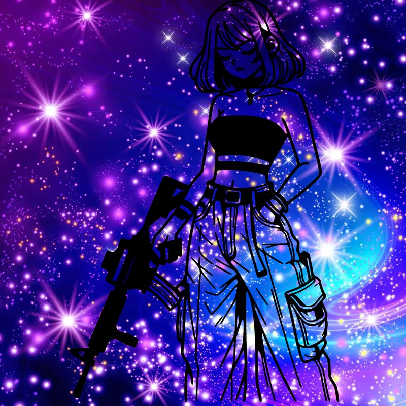 a dangerous girlcrop top and baggy jeans with a rifle in her hand