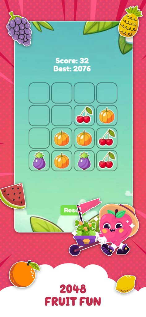 Un puzzle de cuadrícula de 4x4 en Watermelon Games - Fruit Merge mostrando cerezas y calabazas con una mecánica de 2048.