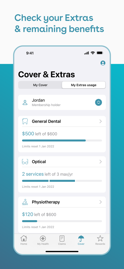 GU Health - Tela do aplicativo GU Health mostrando benefícios extras restantes para odontologia, óptica e fisioterapia