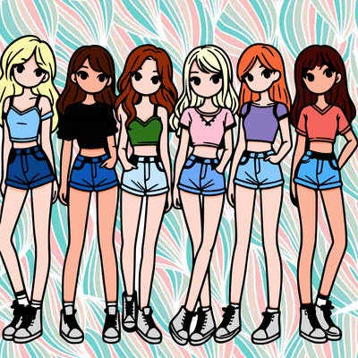 a group of girls wearing crop tops and shorts