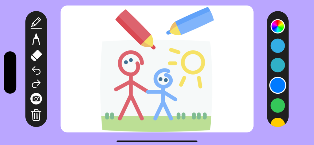 Doodle Joy - Draw, Sketch, Pad - Interface de l'application Doodle Joy présentant un dessin coloré simple de bonshommes allumettes avec des outils de dessin faciles à utiliser et une palette de couleurs