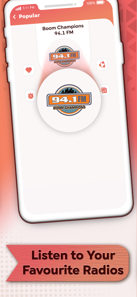 Screenshot of the Trinidad and Tobago Live Radio app showing Boom Champions 94.1 FM station with a banner saying Listen to Your Favourite Radios.