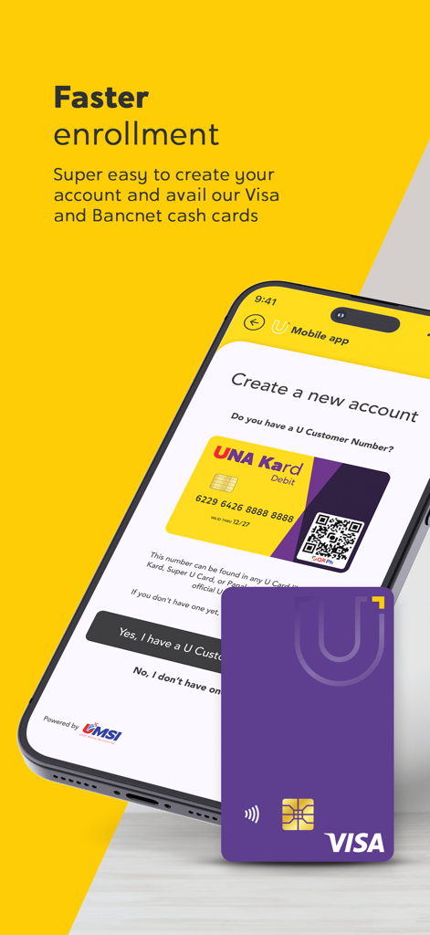 VisaおよびBancnetキャッシュカードを使用したU Mobileアプリのより迅速な登録プロセスを示すモバイル画面。