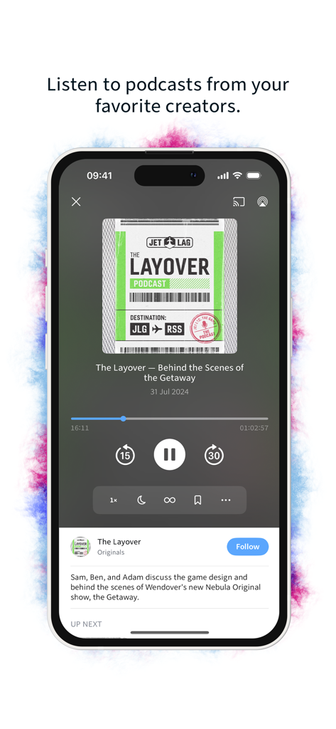 Nebula app interface showing the podcast player for The Layover with playback controls and episode description