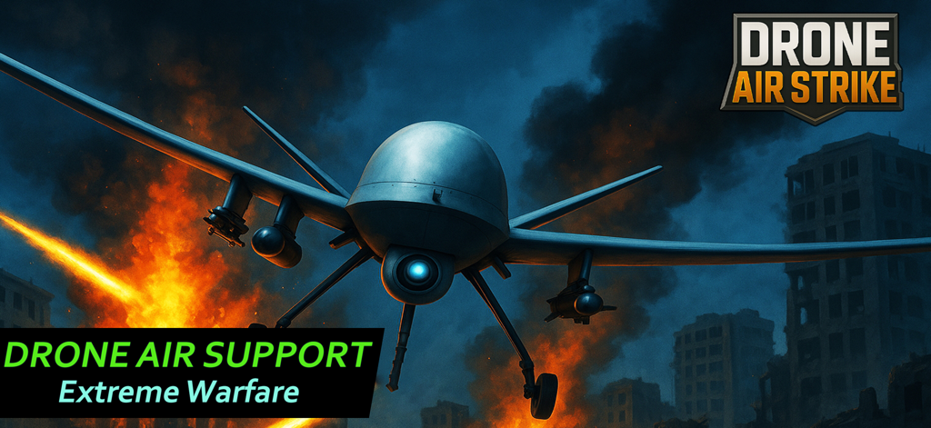 Drone Attack: War Drone Games - Un dron de combate militar volando sobre una ciudad devastada por la guerra con explosiones y fuego en el fondo.
