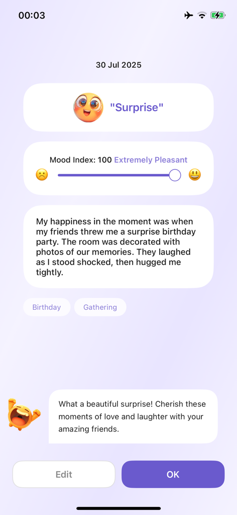 A screen from Mood Jar app displaying a surprise mood entry with a personal note and AI encouragement