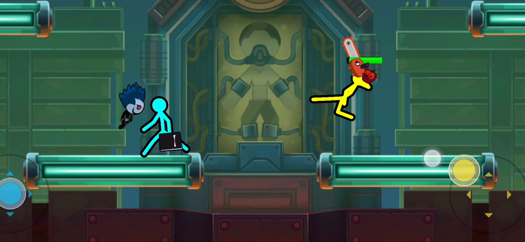 Stickman Clash Mobile - Yellow and cyan stickman characters fighting in a futuristic laboratory