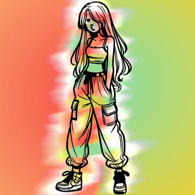 girl in baggy pants crop top and long hair