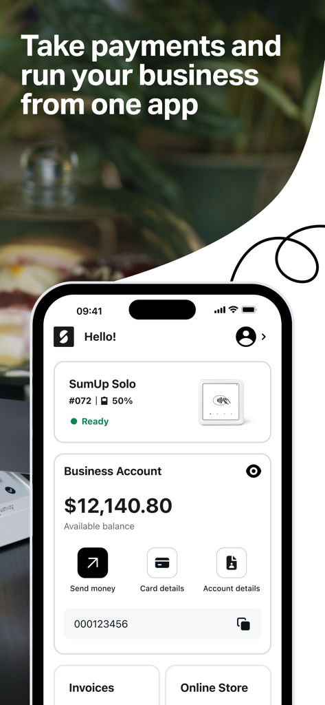 SumUp mobile app interface showing business account balance and payment management tools