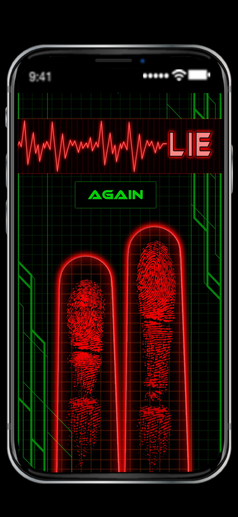 Truth and Lie Detector - - Uma tela de smartphone mostrando um resultado de brincadeira de detector de mentiras falso com um indicador de mentira vermelho e escaneamentos de impressão digital