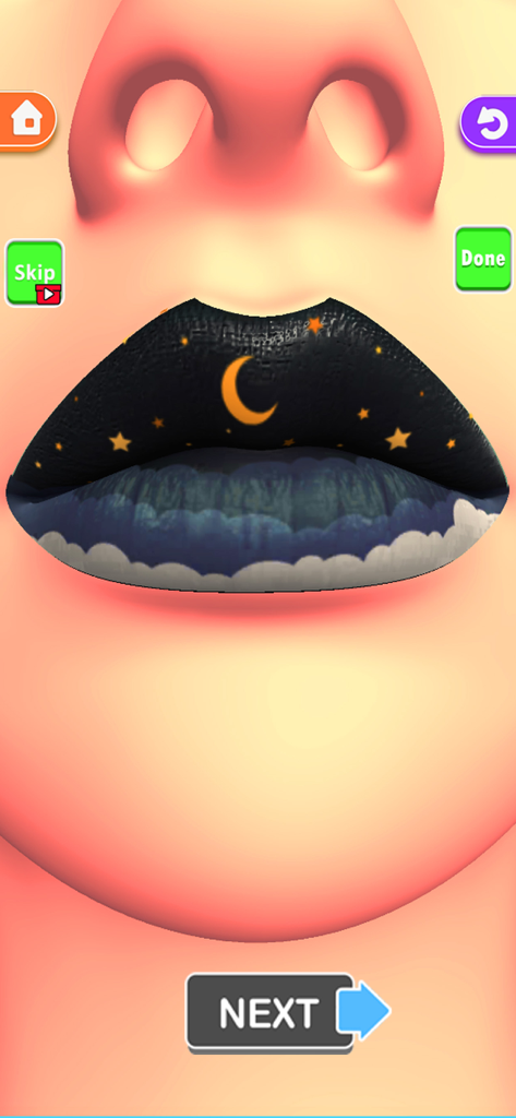 Close-up of a character with lips decorated in a night sky moon and stars design in a relaxing makeup game