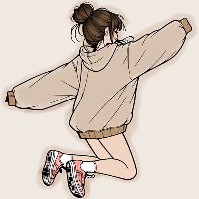 realistic girl jumping with a bun and oversized sweatshirt