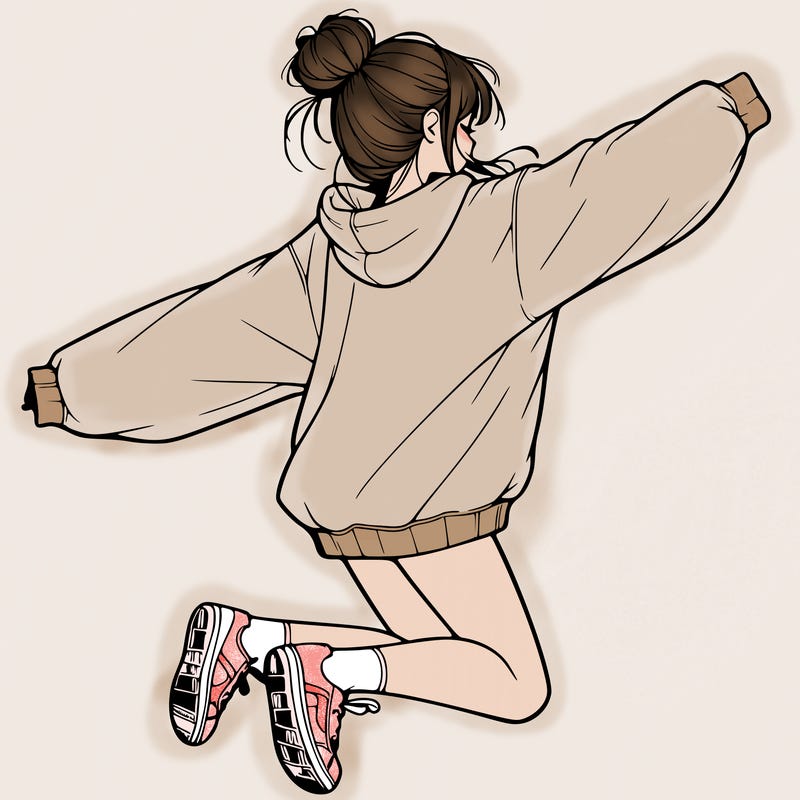 realistic girl jumping with a bun and oversized sweatshirt