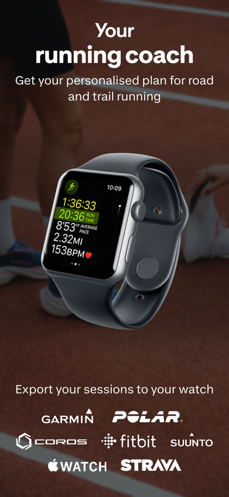 Kiprun Pacer Running - Kiprun Pacer app on a smartwatch showing running stats and compatible fitness brand logos