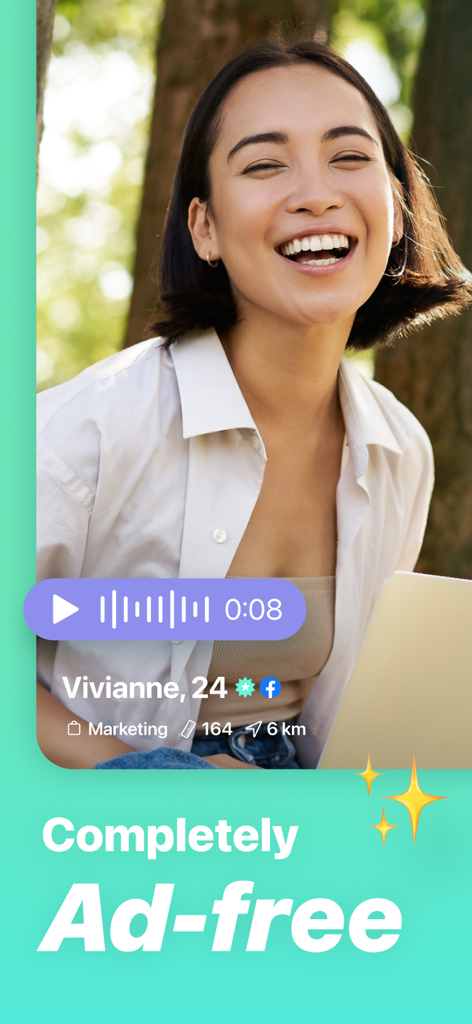 Paktor Dating App: Chat & Meet - Un profilo utente sull'app di incontri Paktor con una presentazione vocale e un'interfaccia senza pubblicità.