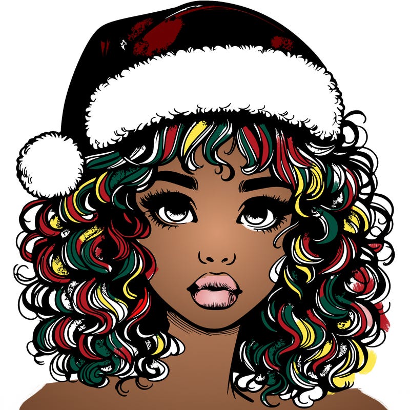 realistic girl with a santa hat curly hair and lips