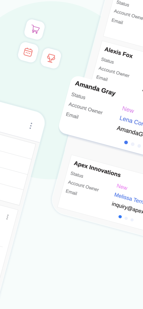 Fireberry - Interface do aplicativo móvel Fireberry exibindo perfis de lead e cartões de status