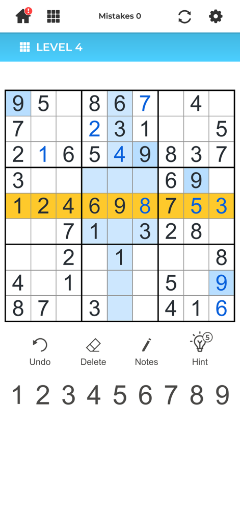 A mobile interface of Sudoku Offline showing a level 4 puzzle grid with number controls and tools.