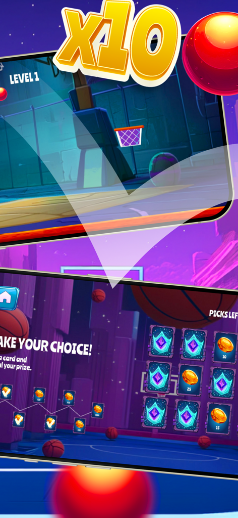 Basket Loot - Basket Loot arcade game interface showing basketball level gameplay and a reward card selection screen.