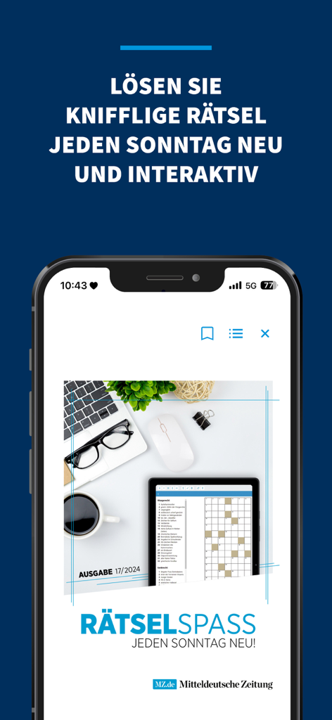 MZ - Un smartphone affichant la fonction de l'application Mitteldeutsche Zeitung pour les puzzles interactifs et les mots croisés du dimanche
