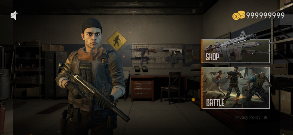 Zombie War - The Last Survivor - Main menu of the game Zombie War The Last Survivor showing a character in a workshop with shop and battle options