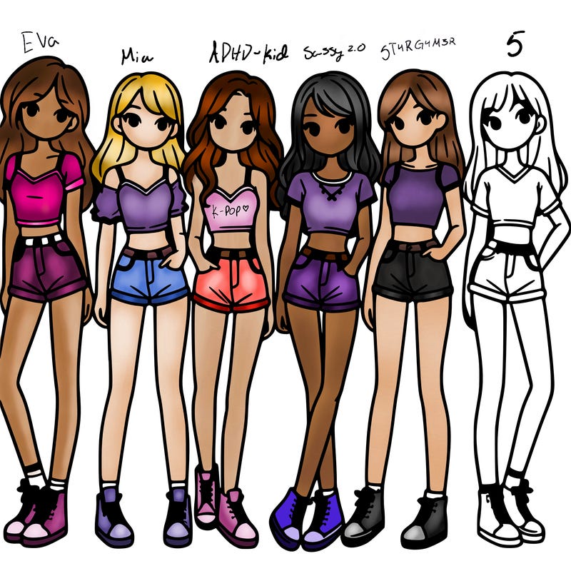 a group of girls wearing crop tops and shorts