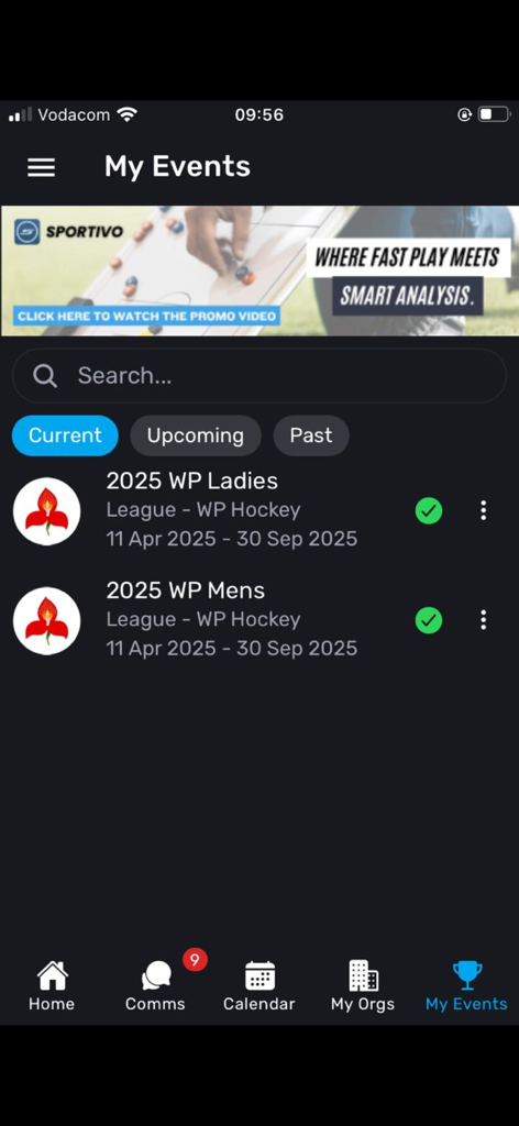 Sportivo Mobile - Sportivo Mobile app My Events dashboard showing a list of active hockey league schedules.