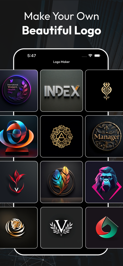 AI Logo Maker: Logo Creator - Una pantalla de móvil mostrando una galería de diversos diseños de logos y plantillas dentro de la aplicación Creador de Logos con IA