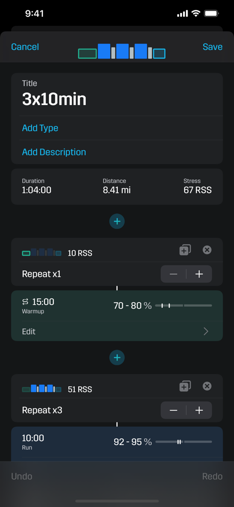 Strydアプリのインターフェース。ランニングストレススコアと強度ゾーンを含むカスタムインターバルワークアウトプランが表示されています。